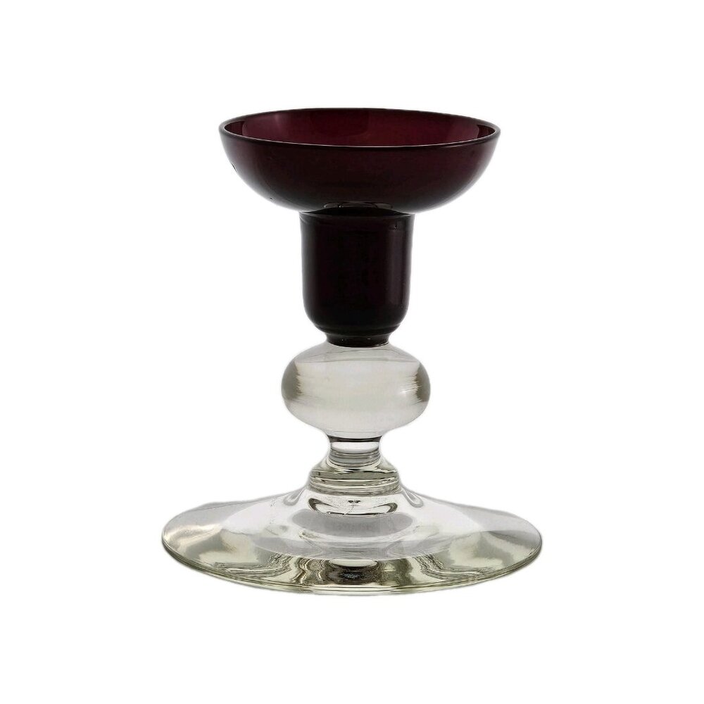 Ruby Red Glass Candlestick Clear Footed Ball Stem 4" vtg colorblock taper candle